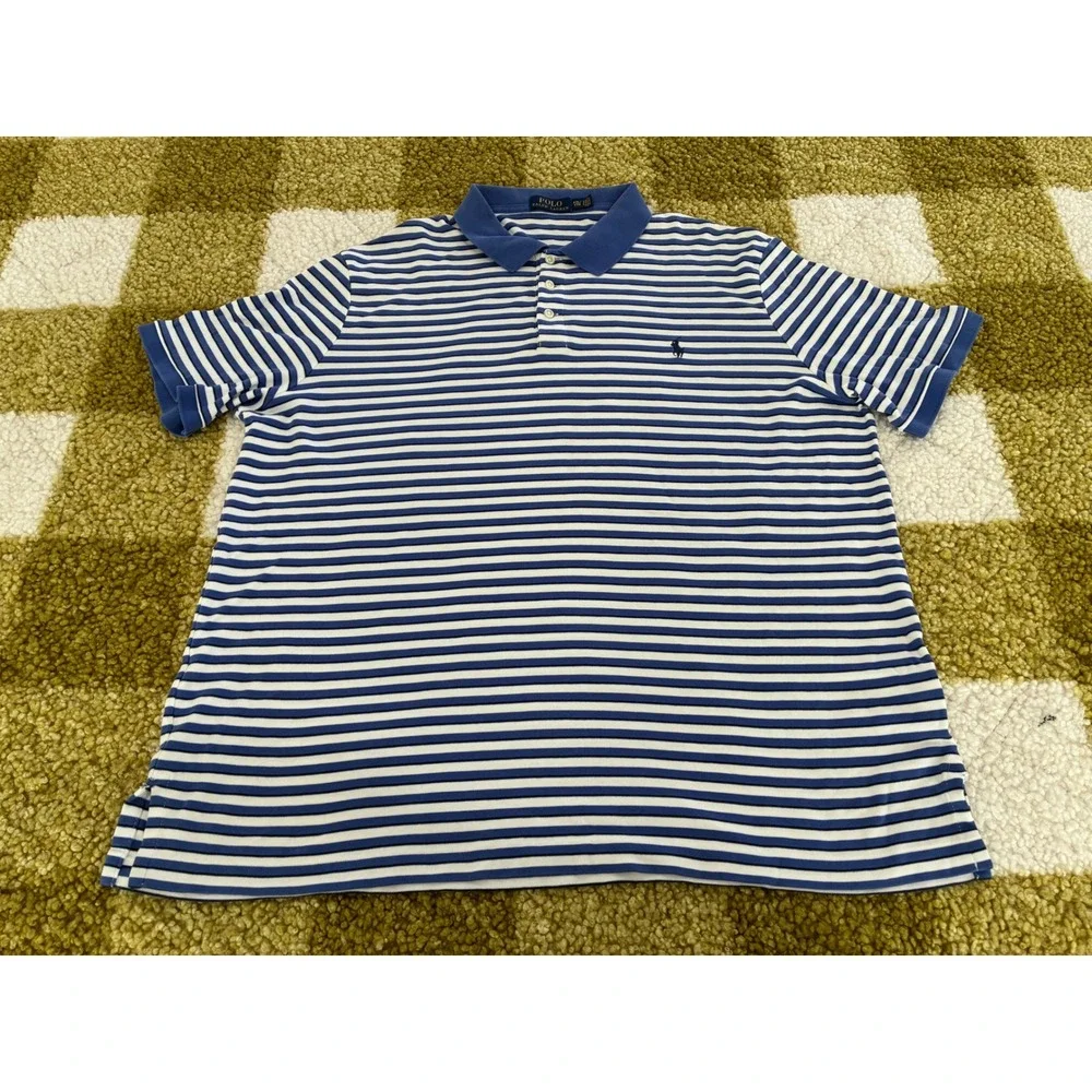 Polo Ralph Lauren Mens XXL Blue White Striped Short Sleeve Cotton Polo Shirt